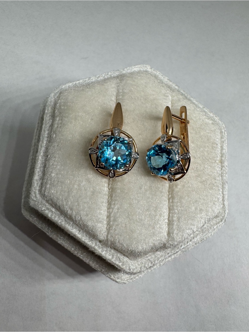 14K 585 Rose Gold Blue Topaz & Diamond Earrings - Picture 5 of 16